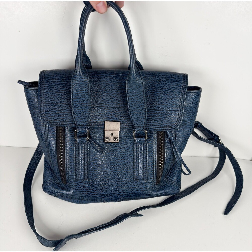3.1 Phillip Lim Large Navy Blue Pebbled Leather Pashli Satchel Handbag Purse